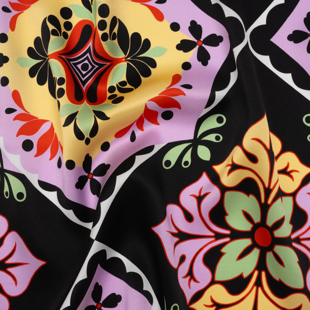 Silk Charmeuse Print 16MM, Made in Italy - Black, Lavender and Pale Yellow Fancy Floral Tiles Drape Silk Charmeuse Print 16MM, Made in Italy - Black, Lavender and Pale Yellow Fancy Floral Tiles Drape
