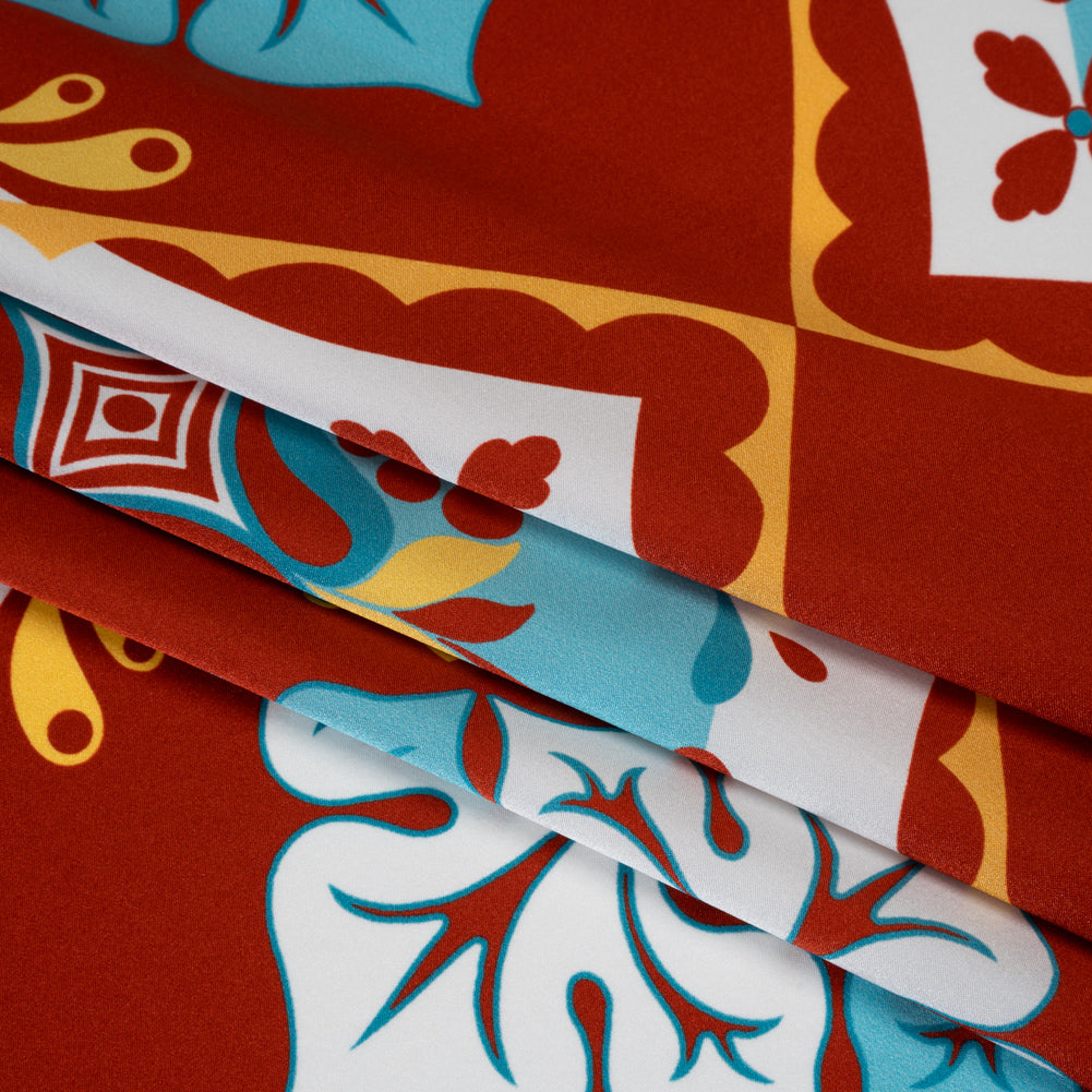 Silk Charmeuse Print 16MM, Made in Italy - Turquoise, Rust Red and Golden Yellow Fancy Floral Tiles - Detail Silk Charmeuse Print 16MM, Made in Italy - Turquoise, Rust Red and Golden Yellow Fancy Floral Tiles - Detail