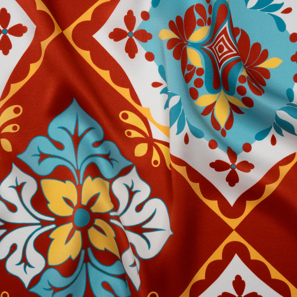 Silk Charmeuse Print 16MM, Made in Italy - Turquoise, Rust Red and Golden Yellow Fancy Floral Tiles - Drape Silk Charmeuse Print 16MM, Made in Italy - Turquoise, Rust Red and Golden Yellow Fancy Floral Tiles - Drape
