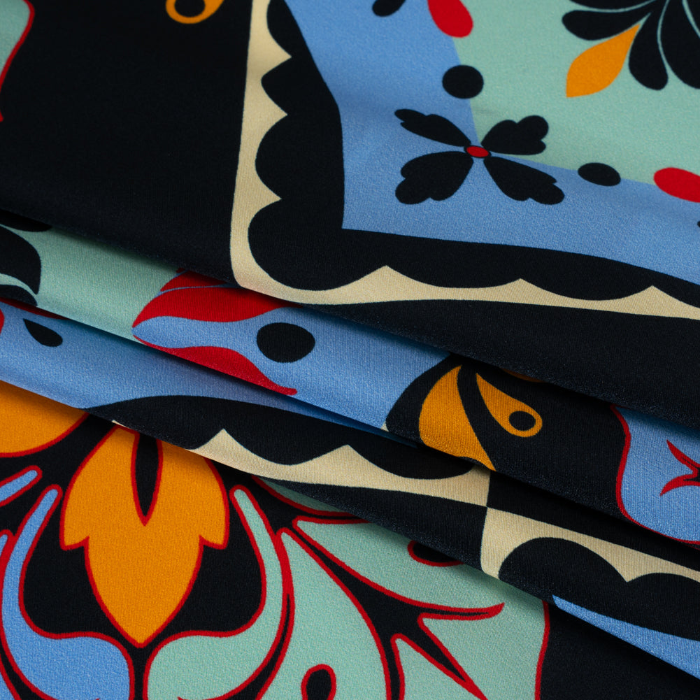 Silk Charmeuse Print 16MM, Made in Italy - Midnight Navy, Mint and Country Blue Fancy Floral Tiles Detail Silk Charmeuse Print 16MM, Made in Italy - Midnight Navy, Mint and Country Blue Fancy Floral Tiles Detail