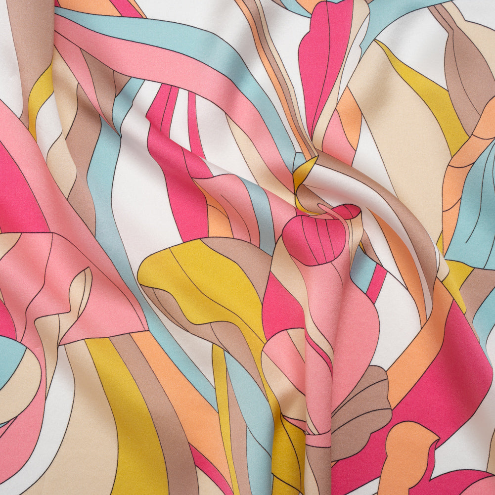 Silk Charmeuse Print 16MM, Made in Italy - Peachy Pink, Sky Blue and Taupe Retro Florals Drape Silk Charmeuse Print 16MM, Made in Italy - Peachy Pink, Sky Blue and Taupe Retro Florals Drape