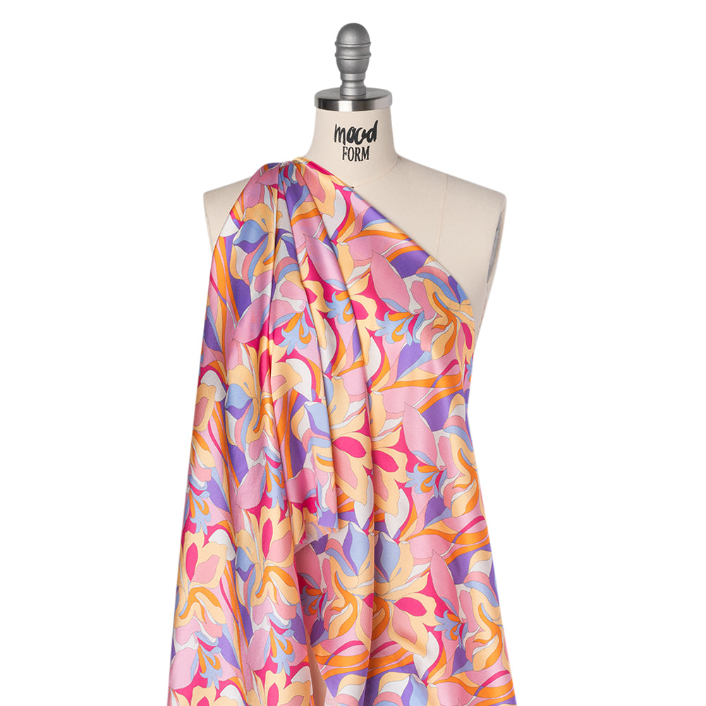 Silk Charmeuse Print 16MM, Made in Italy - Pink, Purple and Pastel Yellow Retro Lily Florals - Folded Silk Charmeuse Print 16MM, Made in Italy - Pink, Purple and Pastel Yellow Retro Lily Florals - Folded