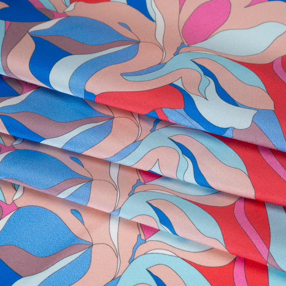 Silk Charmeuse Print 16MM, Made in Italy - Peach, Cobalt Blue and Red Retro Lily Florals Detail Silk Charmeuse Print 16MM, Made in Italy - Peach, Cobalt Blue and Red Retro Lily Florals Detail