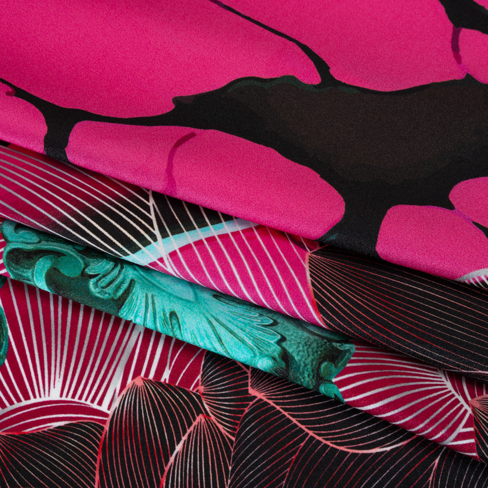 Silk Charmeuse Panel 16MM, Made in Italy - Dark Berry Pink, Coppy Oxide Green and Black Linework Flowers and Gemstones Detail Silk Charmeuse Panel 16MM, Made in Italy - Dark Berry Pink, Coppy Oxide Green and Black Linework Flowers and Gemstones Detail