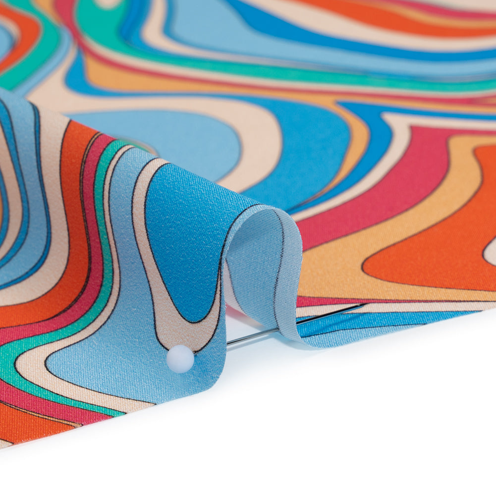 Silk Charmeuse Print 16MM, Made in Italy - Blue, Orange and Pink Retro Swirls Full Silk Charmeuse Print 16MM, Made in Italy - Blue, Orange and Pink Retro Swirls Full