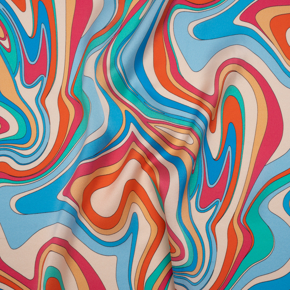 Silk Charmeuse Print 16MM, Made in Italy - Blue, Orange and Pink Retro Swirls Drape Silk Charmeuse Print 16MM, Made in Italy - Blue, Orange and Pink Retro Swirls Drape