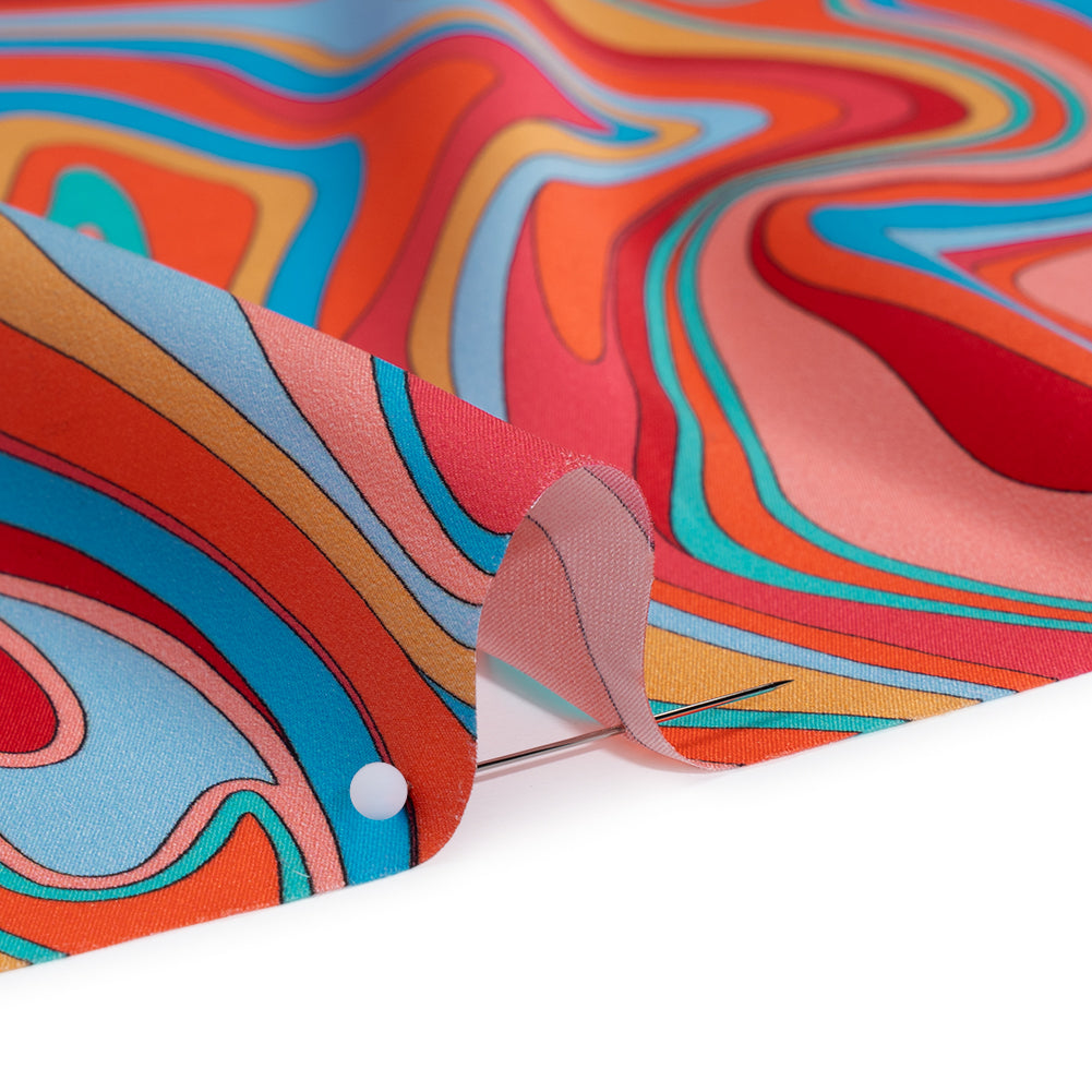Silk Charmeuse Print 16MM, Made in Italy - Orange, Red and Blue Retro Swirls Full Silk Charmeuse Print 16MM, Made in Italy - Orange, Red and Blue Retro Swirls Full