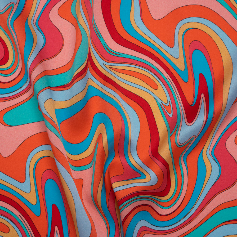 Silk Charmeuse Print 16MM, Made in Italy - Orange, Red and Blue Retro Swirls Drape Silk Charmeuse Print 16MM, Made in Italy - Orange, Red and Blue Retro Swirls Drape