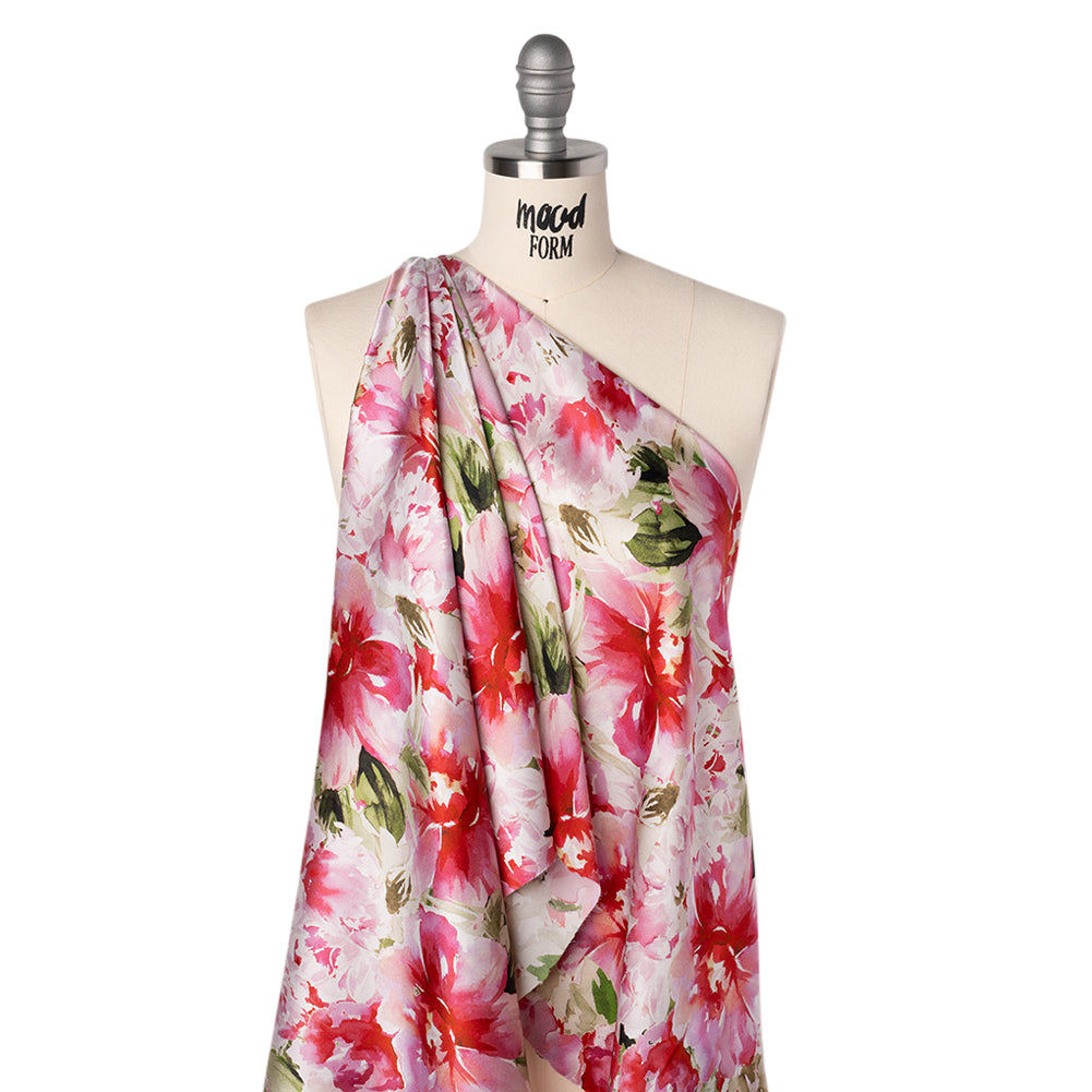 Silk Charmeuse Print 16MM, Made in Italy - Red, Pink and Green Watercolor Flower Garden - Folded Silk Charmeuse Print 16MM, Made in Italy - Red, Pink and Green Watercolor Flower Garden - Folded