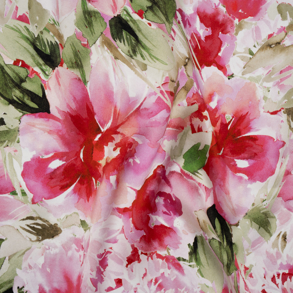 Silk Charmeuse Print 16MM, Made in Italy - Red, Pink and Green Watercolor Flower Garden - Drape Silk Charmeuse Print 16MM, Made in Italy - Red, Pink and Green Watercolor Flower Garden - Drape
