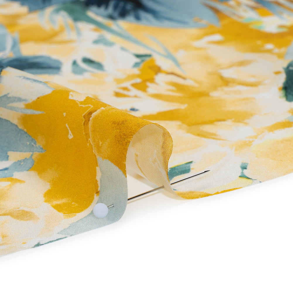 Silk Charmeuse Print 16MM, Made in Italy - Yellow and Dark Teal Watercolor Flower Garden Full Silk Charmeuse Print 16MM, Made in Italy - Yellow and Dark Teal Watercolor Flower Garden Full