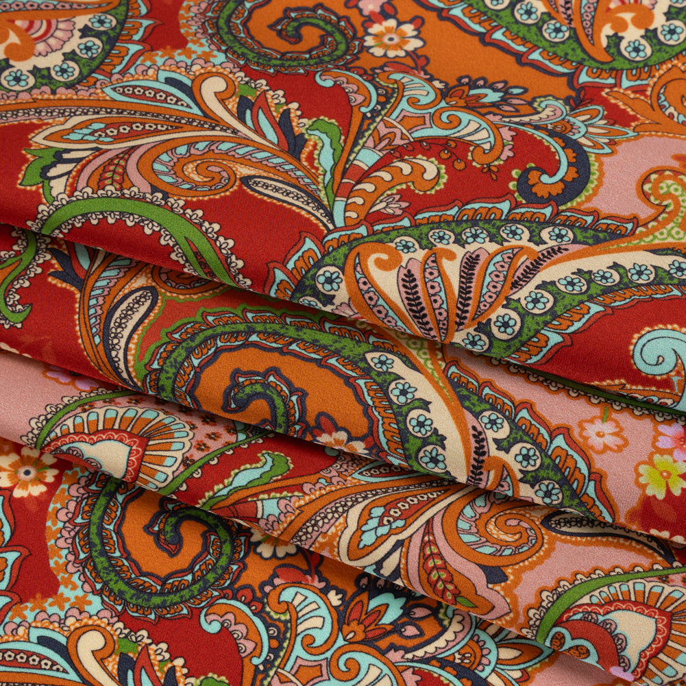Silk Charmeuse Print 16MM, Made in Italy - Red, Orange and Green Fancy Paisley - Detail Silk Charmeuse Print 16MM, Made in Italy - Red, Orange and Green Fancy Paisley - Detail