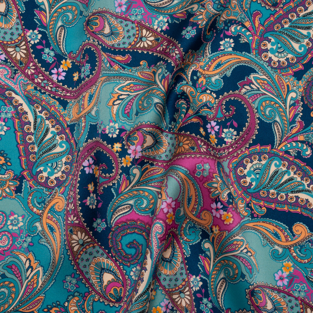 Silk Charmeuse Print 16MM, Made in Italy - Dark Turquoise, Blue and Berry Pink Fancy Paisley - Drape Silk Charmeuse Print 16MM, Made in Italy - Dark Turquoise, Blue and Berry Pink Fancy Paisley - Drape