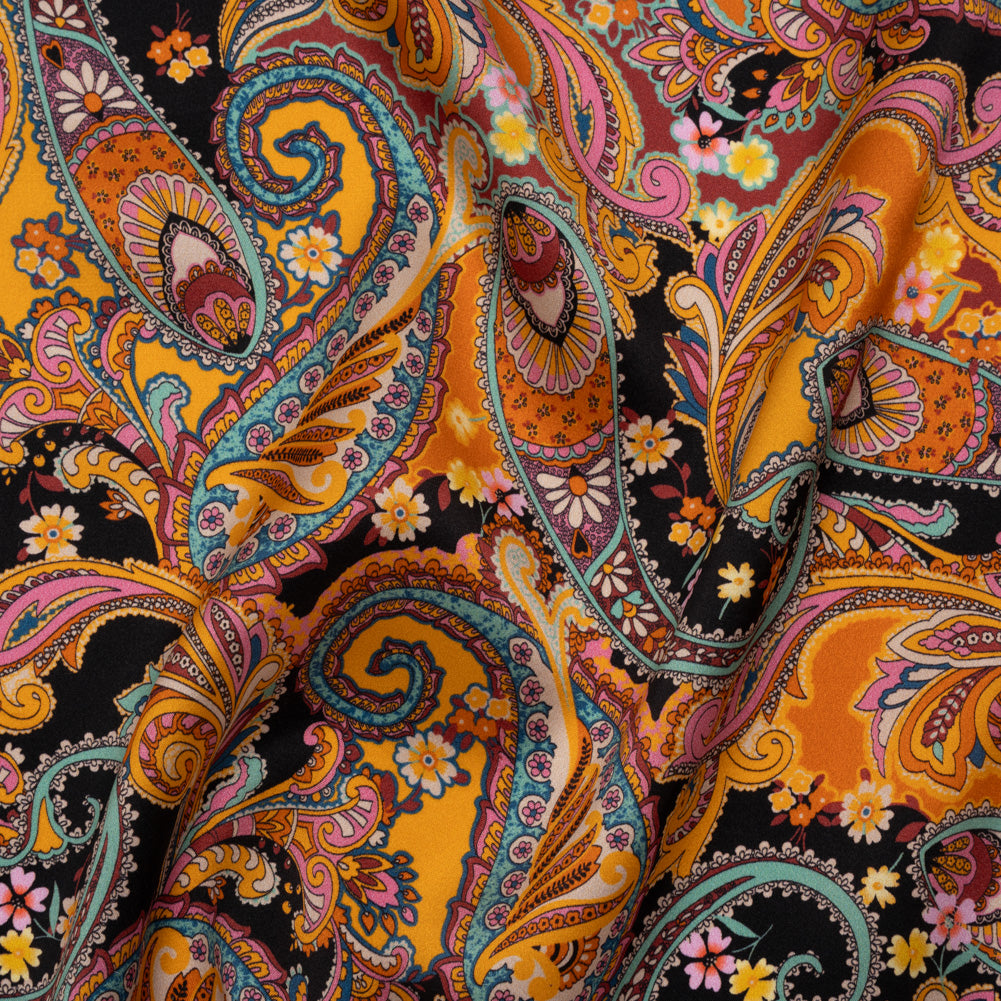 Silk Charmeuse Print 16MM, Made in Italy - Golden Orange, Mint and Black Fancy Paisley - Drape Silk Charmeuse Print 16MM, Made in Italy - Golden Orange, Mint and Black Fancy Paisley - Drape