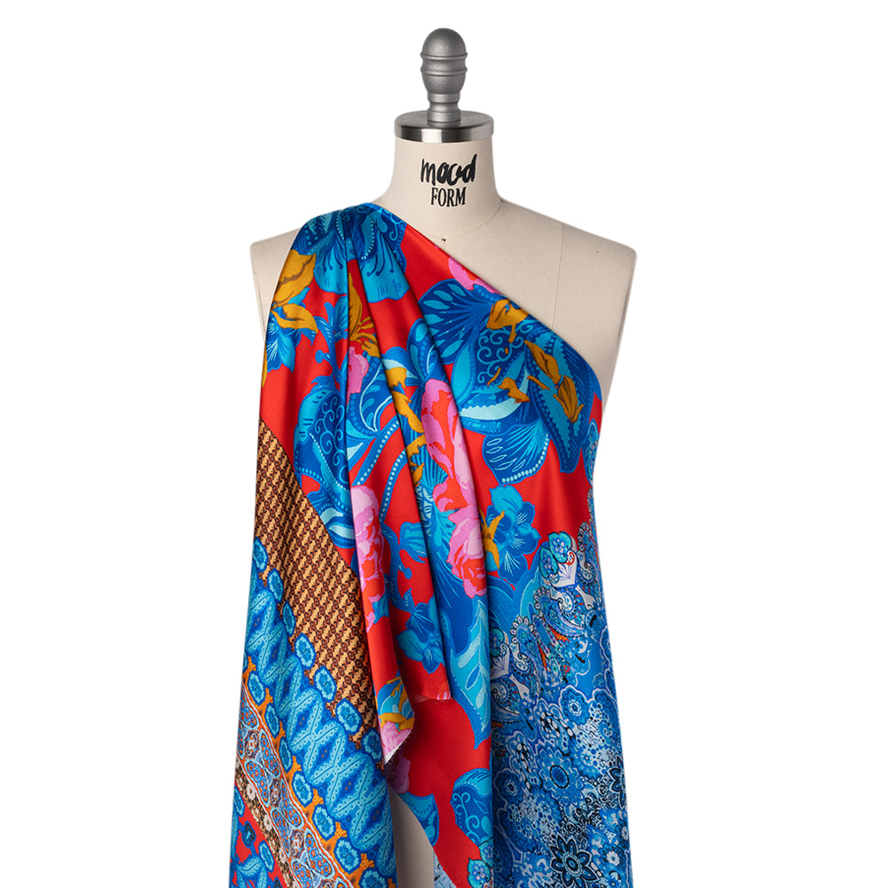 Silk Charmeuse Print 16MM, Made in Italy - Red, Blue and Gold Floral and Abstract Stripes Folded Silk Charmeuse Print 16MM, Made in Italy - Red, Blue and Gold Floral and Abstract Stripes Folded