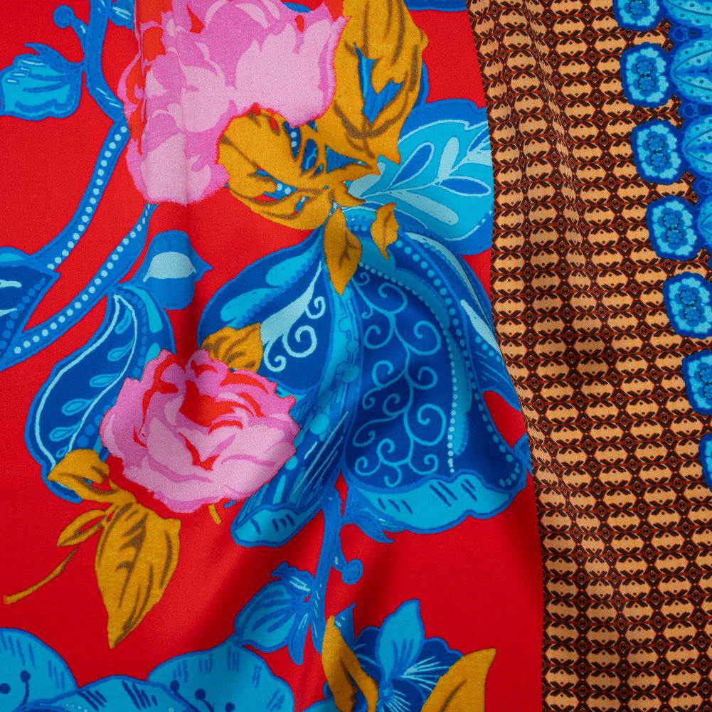 Silk Charmeuse Print 16MM, Made in Italy - Red, Blue and Gold Floral and Abstract Stripes Drape Silk Charmeuse Print 16MM, Made in Italy - Red, Blue and Gold Floral and Abstract Stripes Drape
