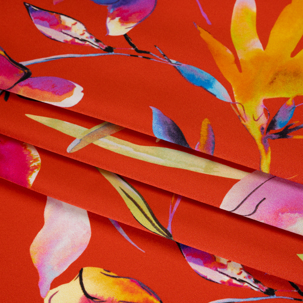 Silk Charmeuse Print 16MM, Made in Italy - Red and Rainbow Illustrated Watercolor Flowers - Detail Silk Charmeuse Print 16MM, Made in Italy - Red and Rainbow Illustrated Watercolor Flowers - Detail