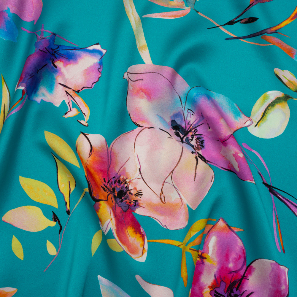 Silk Charmeuse Print 16MM, Made in Italy - Turquoise, Pink and Multicolor Illustrated Watercolor Flowers - Drape Silk Charmeuse Print 16MM, Made in Italy - Turquoise, Pink and Multicolor Illustrated Watercolor Flowers - Drape