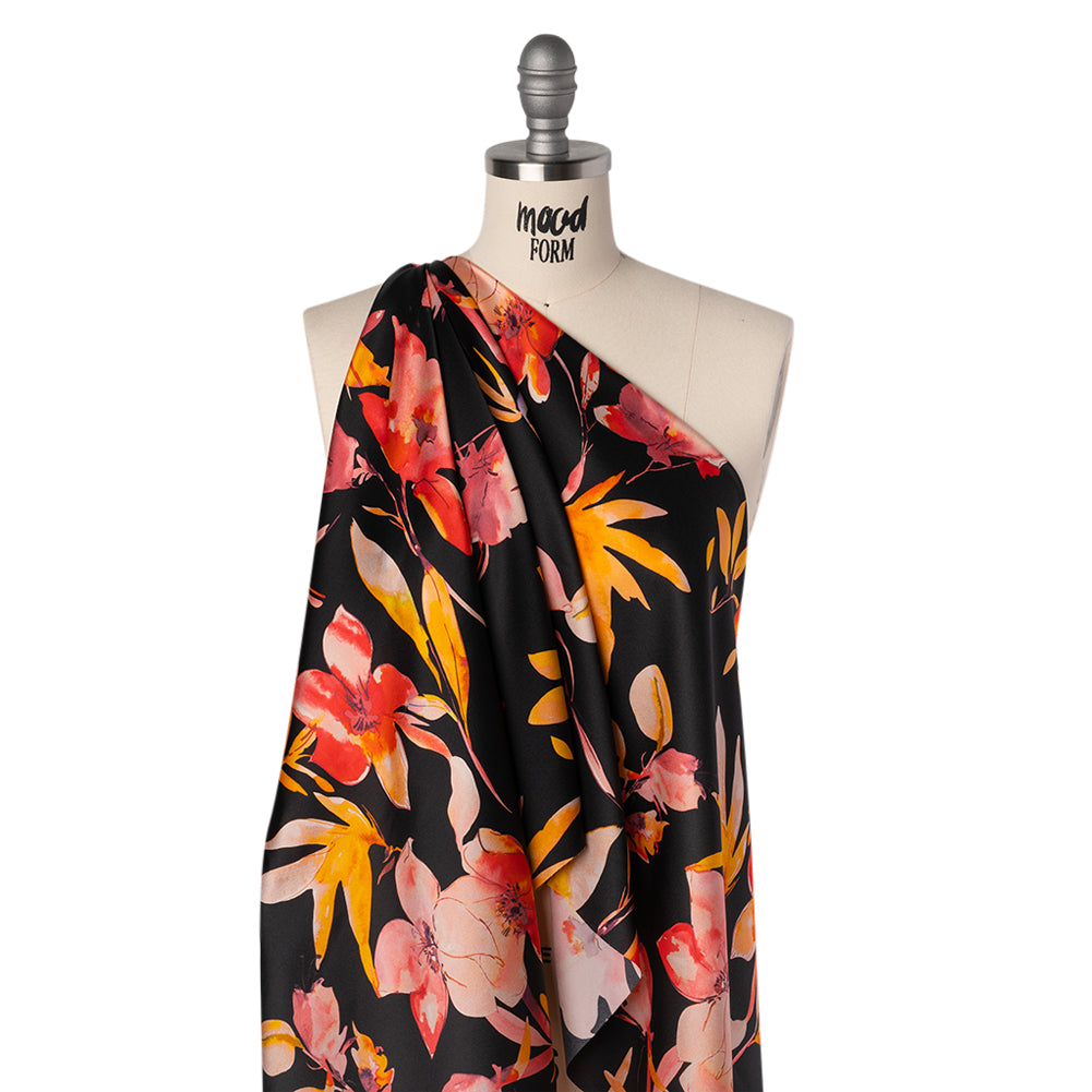 Silk Charmeuse Print 16MM, Made in Italy - Black, Orange and Red Illustrated Watercolor Flowers Folded Silk Charmeuse Print 16MM, Made in Italy - Black, Orange and Red Illustrated Watercolor Flowers Folded
