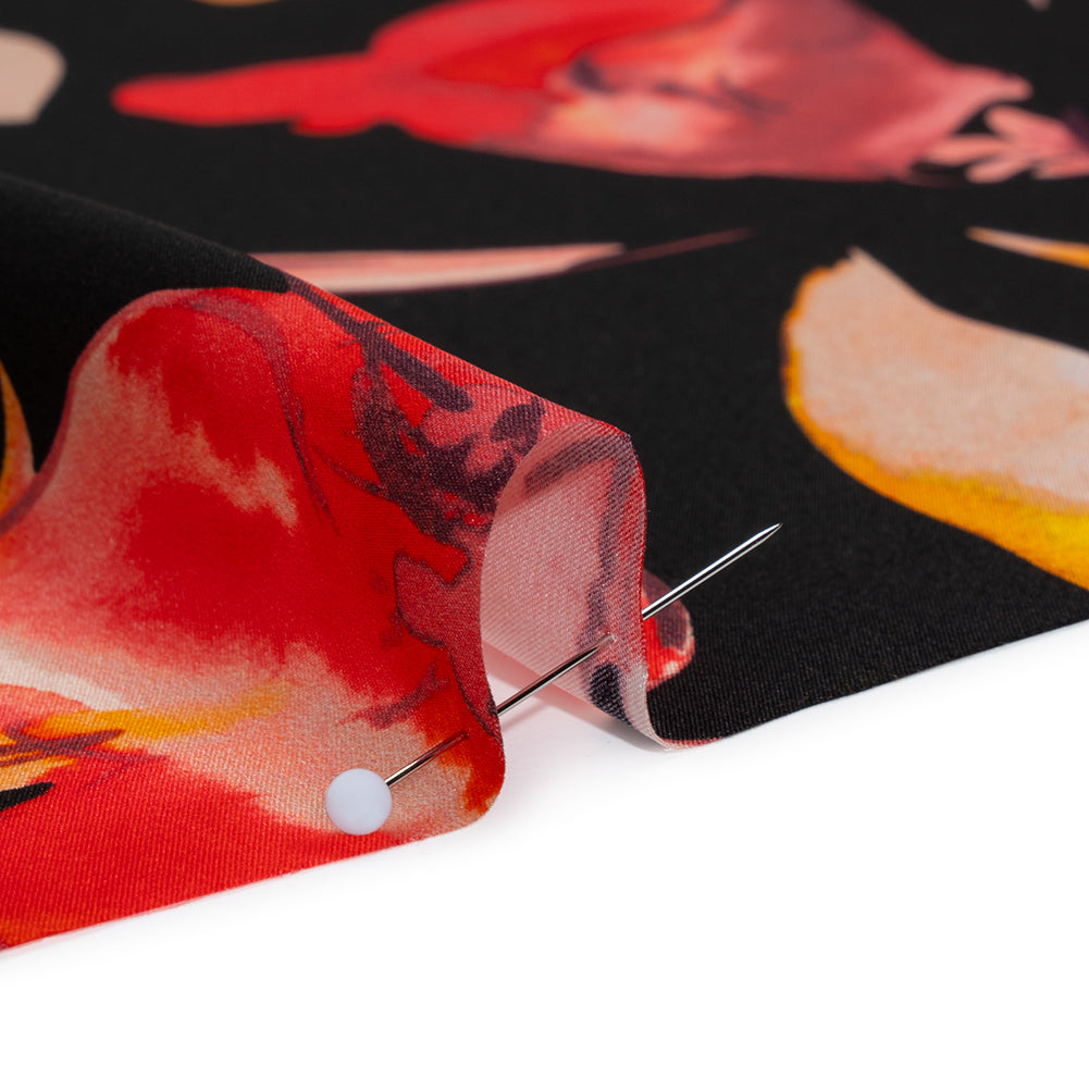 Silk Charmeuse Print 16MM, Made in Italy - Black, Orange and Red Illustrated Watercolor Flowers Full Silk Charmeuse Print 16MM, Made in Italy - Black, Orange and Red Illustrated Watercolor Flowers Full