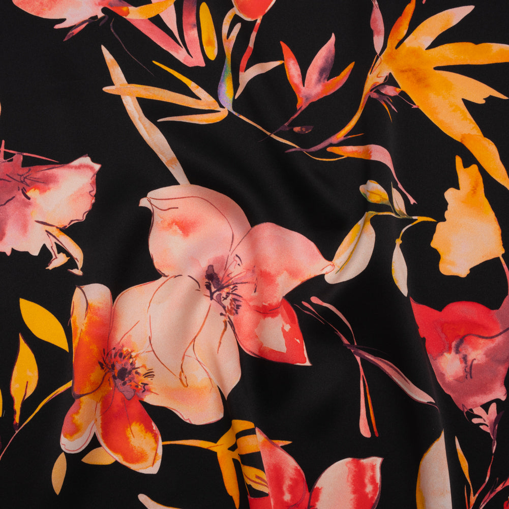 Silk Charmeuse Print 16MM, Made in Italy - Black, Orange and Red Illustrated Watercolor Flowers Drape Silk Charmeuse Print 16MM, Made in Italy - Black, Orange and Red Illustrated Watercolor Flowers Drape