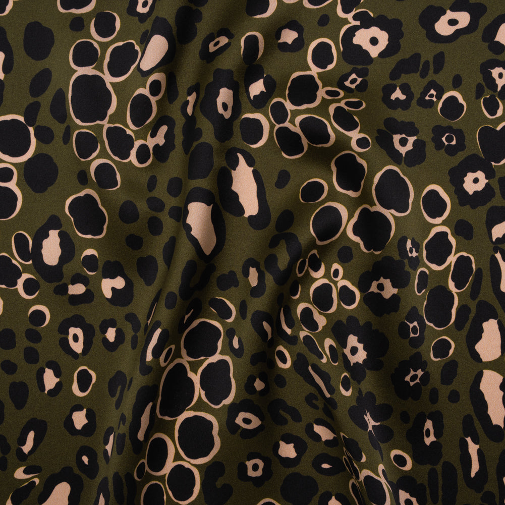 Silk Charmeuse Print 16MM, Made in Italy - Dark Olive Green, Beige and Black Animal Spots Drape Silk Charmeuse Print 16MM, Made in Italy - Dark Olive Green, Beige and Black Animal Spots Drape