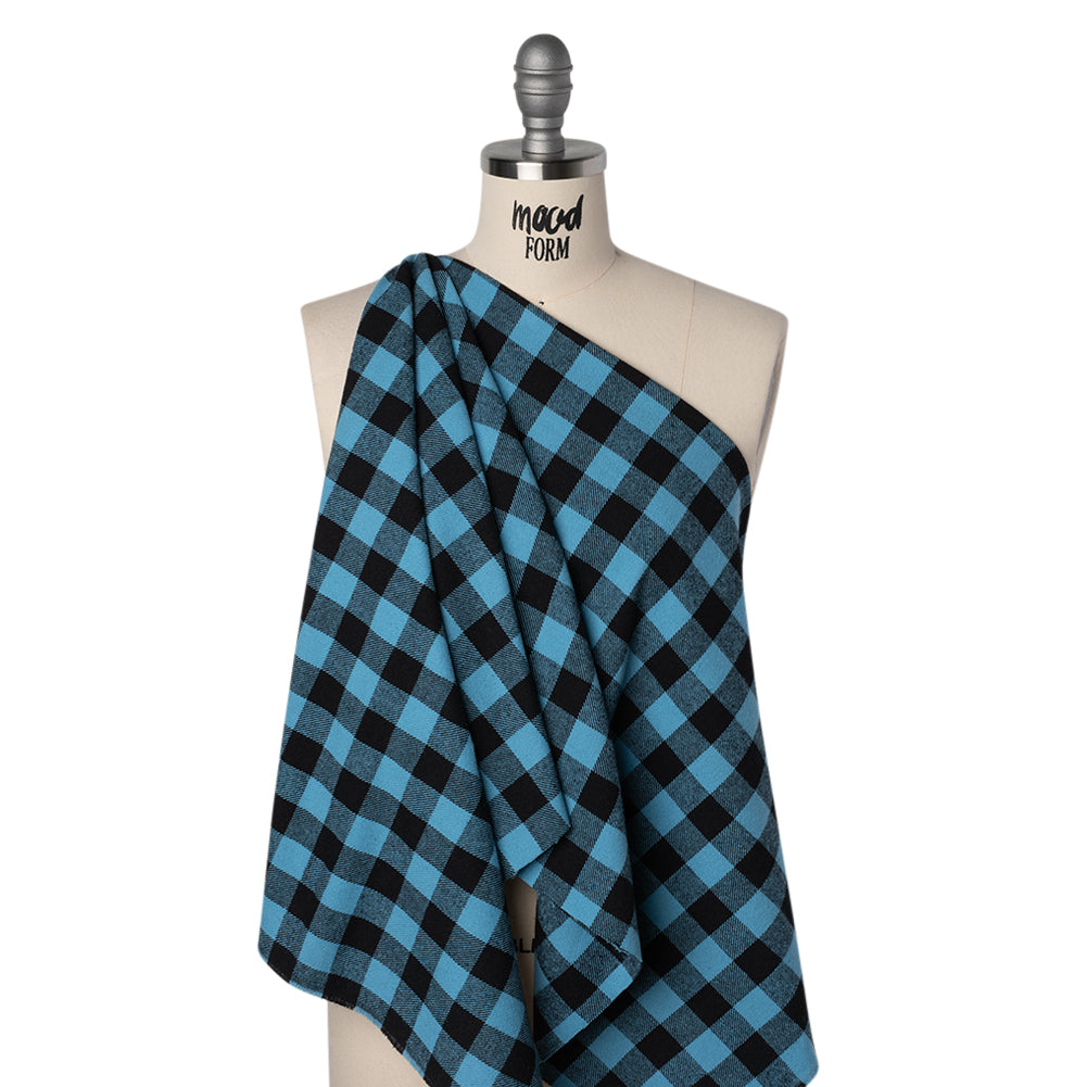 Yarn-Dyed Cotton Twill Flannel - Small Sky Blue and Black Buffalo Check - Drape Yarn-Dyed Cotton Twill Flannel - Small Sky Blue and Black Buffalo Check - Drape