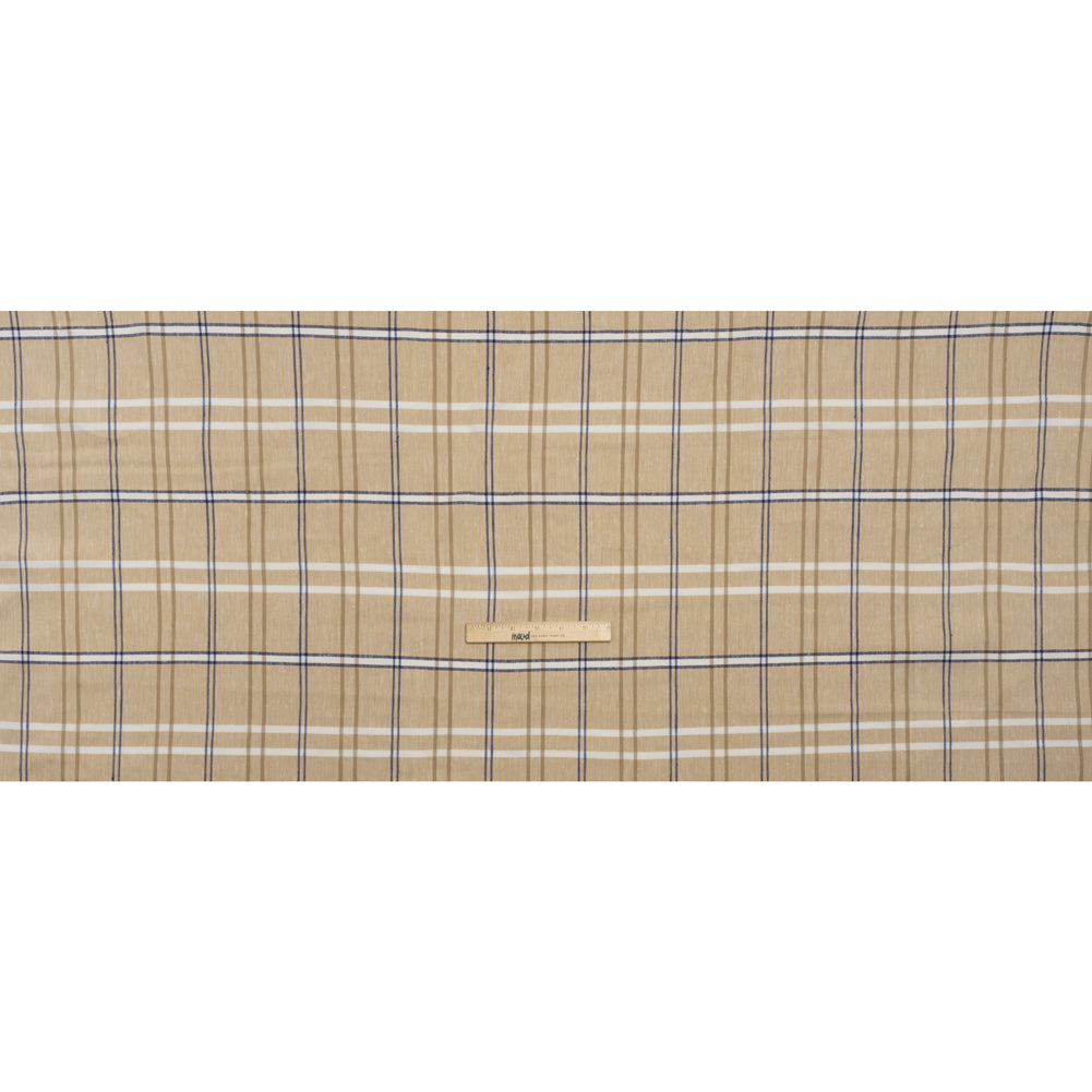 Stretch Linen Woven - Beige, Navy and White Plaid with Metallic Silver Accents - Full Stretch Linen Woven - Beige, Navy and White Plaid with Metallic Silver Accents - Full