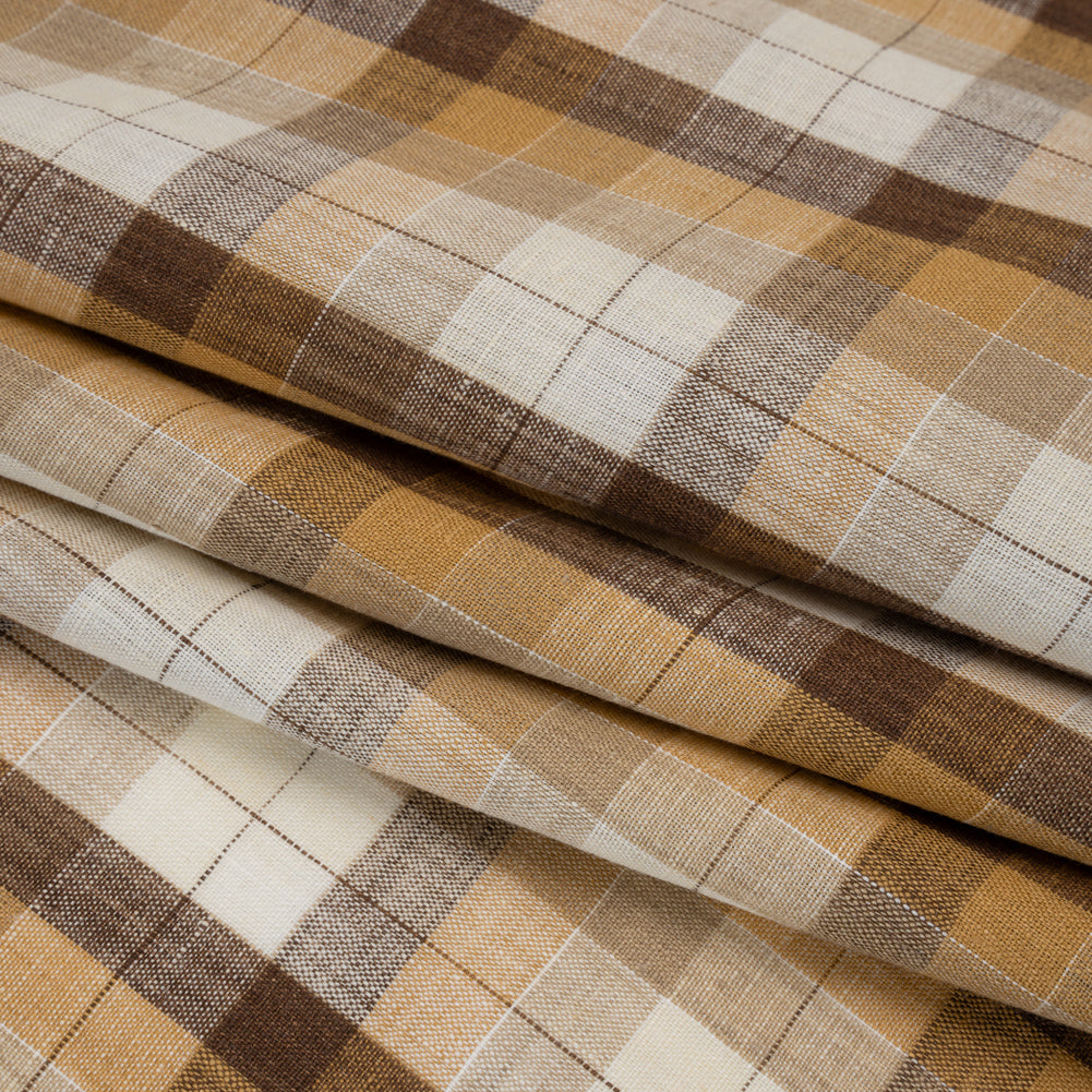 Medium Weight Linen Woven - Beige, Brown and Cream Plaid - Folded Medium Weight Linen Woven - Beige, Brown and Cream Plaid - Folded