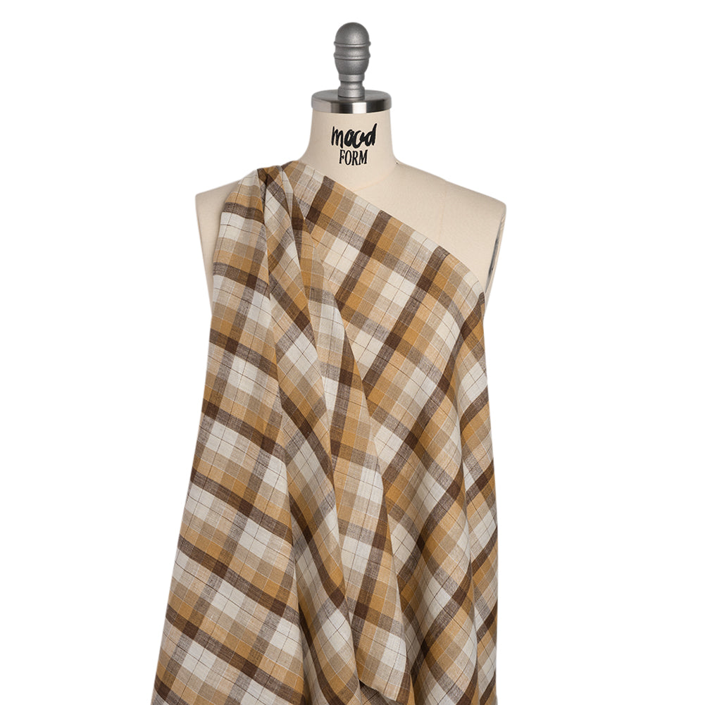 Medium Weight Linen Woven - Beige, Brown and Cream Plaid - Drape Medium Weight Linen Woven - Beige, Brown and Cream Plaid - Drape