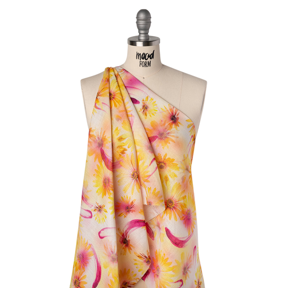 Medium Weight Linen Woven Print - Fuchsia Pink and Bright Yellow Sunflower Garden - Folded Medium Weight Linen Woven Print - Fuchsia Pink and Bright Yellow Sunflower Garden - Folded