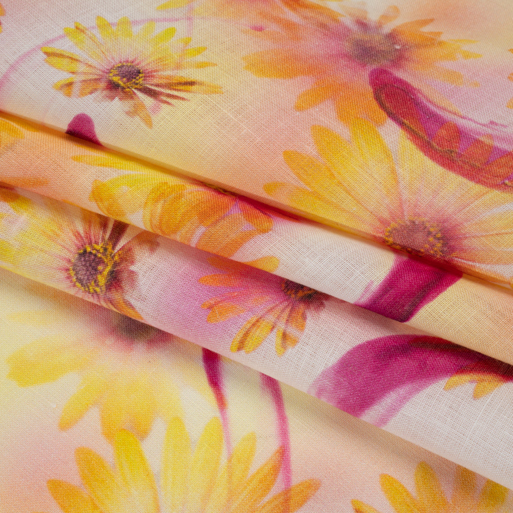 Medium Weight Linen Woven Print - Fuchsia Pink and Bright Yellow Sunflower Garden - Detail Medium Weight Linen Woven Print - Fuchsia Pink and Bright Yellow Sunflower Garden - Detail