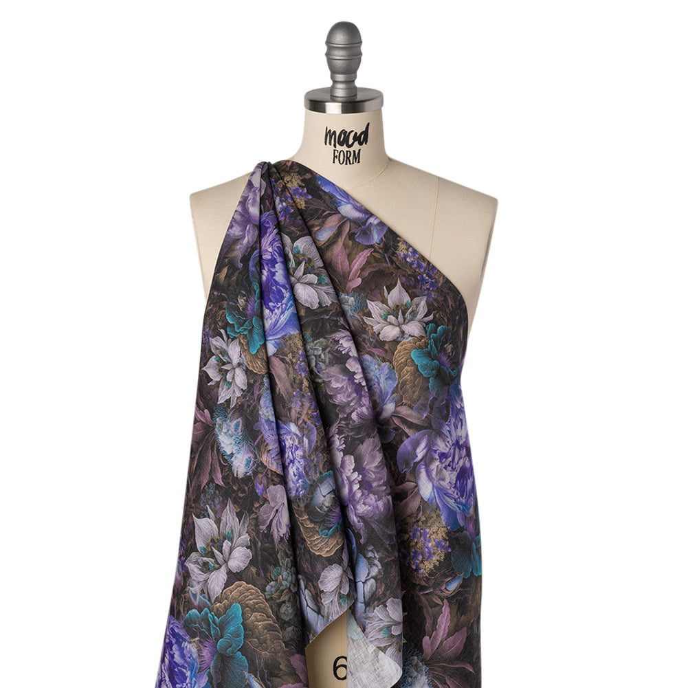 Medium Weight Linen Woven Print - Lilac, Dark Teal and Taupe Mythical Garden - Folded Medium Weight Linen Woven Print - Lilac, Dark Teal and Taupe Mythical Garden - Folded