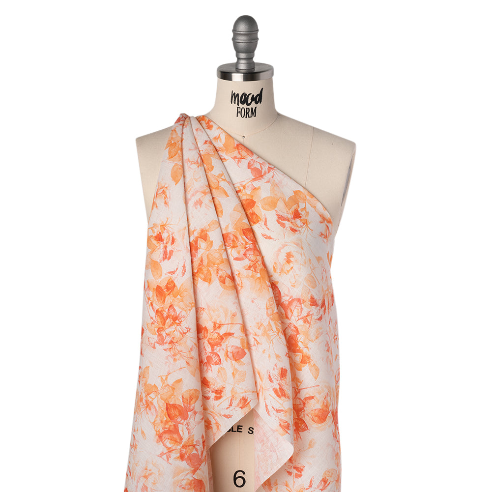 Medium Weight Linen Woven Print - Orange and Red on White Airy Leaves Folded Medium Weight Linen Woven Print - Orange and Red on White Airy Leaves Folded