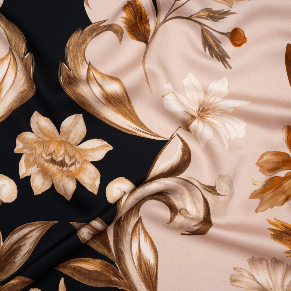 Polyester Satin - Black, Beige and Brown Flower Vine Stripes - Mood Exclusive Fleur de Rocaille Print Polyester Satin - Black, Beige and Brown Flower Vine Stripes - Mood Exclusive Fleur de Rocaille Print