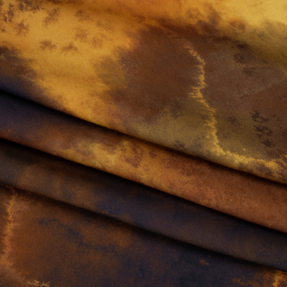 Polyester Satin - Yellow, Russet, and Black Spotted Abstract - Mood Exclusive Nebula Storm Print - Folded Polyester Satin - Yellow, Russet, and Black Spotted Abstract - Mood Exclusive Nebula Storm Print - Folded