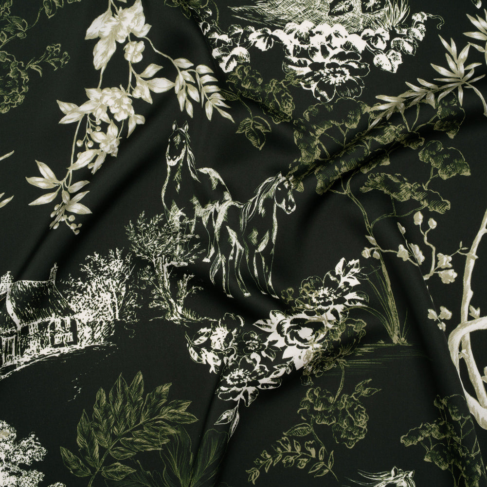 Polyester Satin - Dark Green and White Plants and Horses - Mood Exclusive Bridle and Branch Print Polyester Satin - Dark Green and White Plants and Horses - Mood Exclusive Bridle and Branch Print