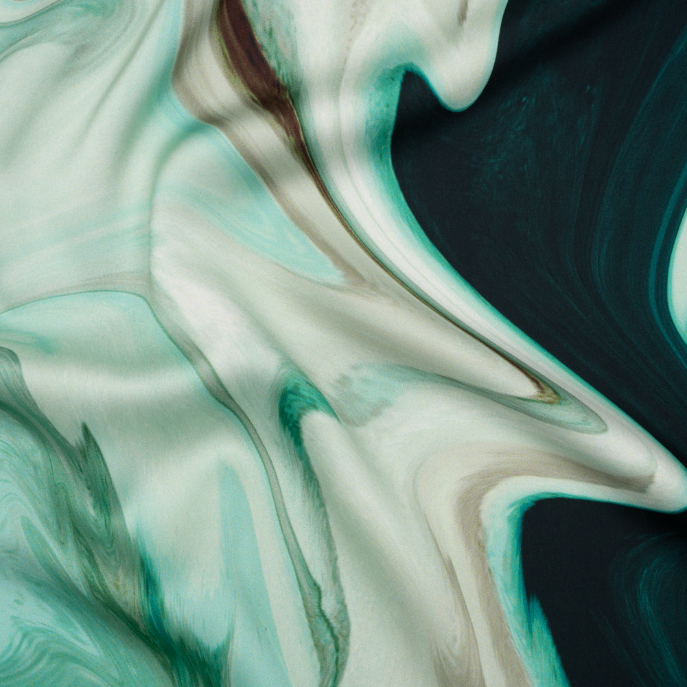 Polyester Satin - Sea Green and Beige Liquid Swirls - Mood Exclusive Liquid Motion Print Polyester Satin - Sea Green and Beige Liquid Swirls - Mood Exclusive Liquid Motion Print