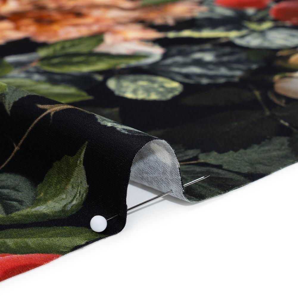 Polyester Satin - Red, Yellow and Green Photorealistic Florals - Mood Exclusive Petals After Dark Print Detail Polyester Satin - Red, Yellow and Green Photorealistic Florals - Mood Exclusive Petals After Dark Print Detail