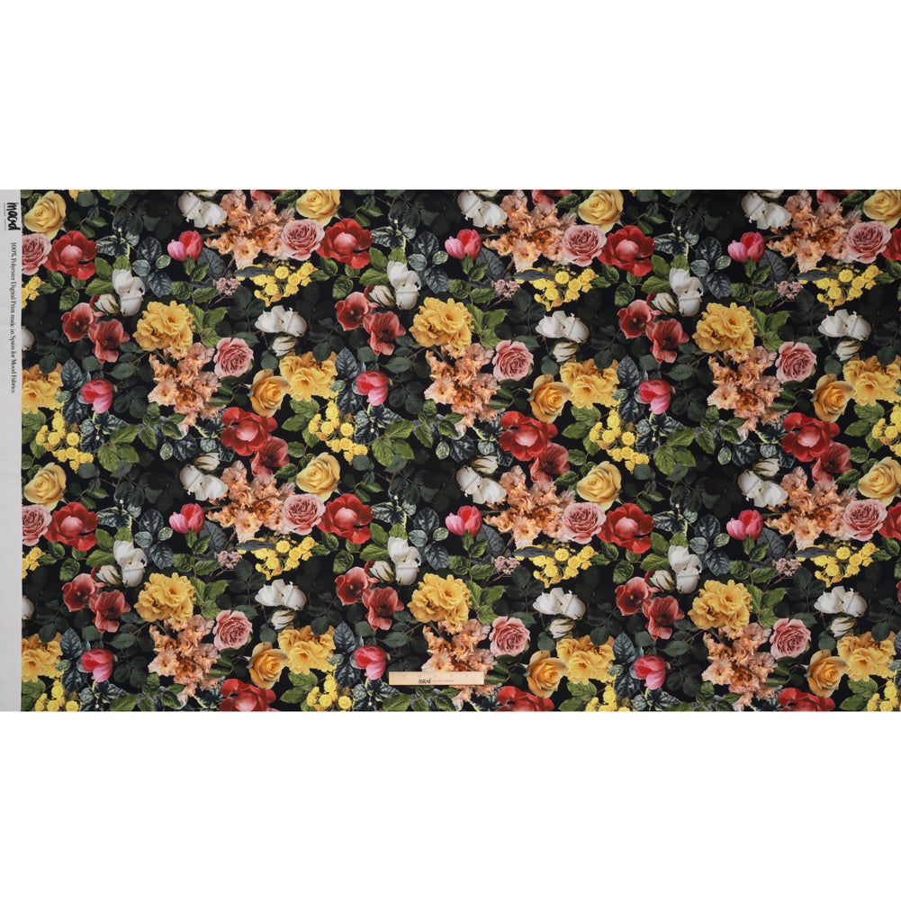Polyester Satin - Red, Yellow and Green Photorealistic Florals - Mood Exclusive Petals After Dark Print Full Polyester Satin - Red, Yellow and Green Photorealistic Florals - Mood Exclusive Petals After Dark Print Full