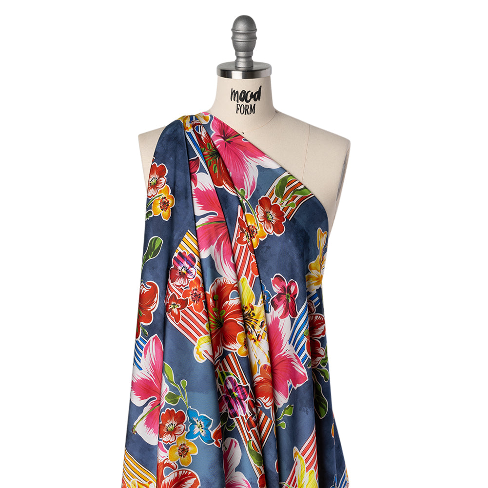 Polyester Satin - Navy Blue, Red and Pink Flowers and Striped Blocks - Mood Exclusive Linear Bloom Print Drape Polyester Satin - Navy Blue, Red and Pink Flowers and Striped Blocks - Mood Exclusive Linear Bloom Print Drape