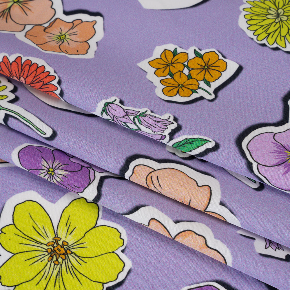 Polyester Satin - Lavender, Lime Green and Orange Little Floral Stickers - Mood Exclusive Sticker Garden Print - Folded Polyester Satin - Lavender, Lime Green and Orange Little Floral Stickers - Mood Exclusive Sticker Garden Print - Folded