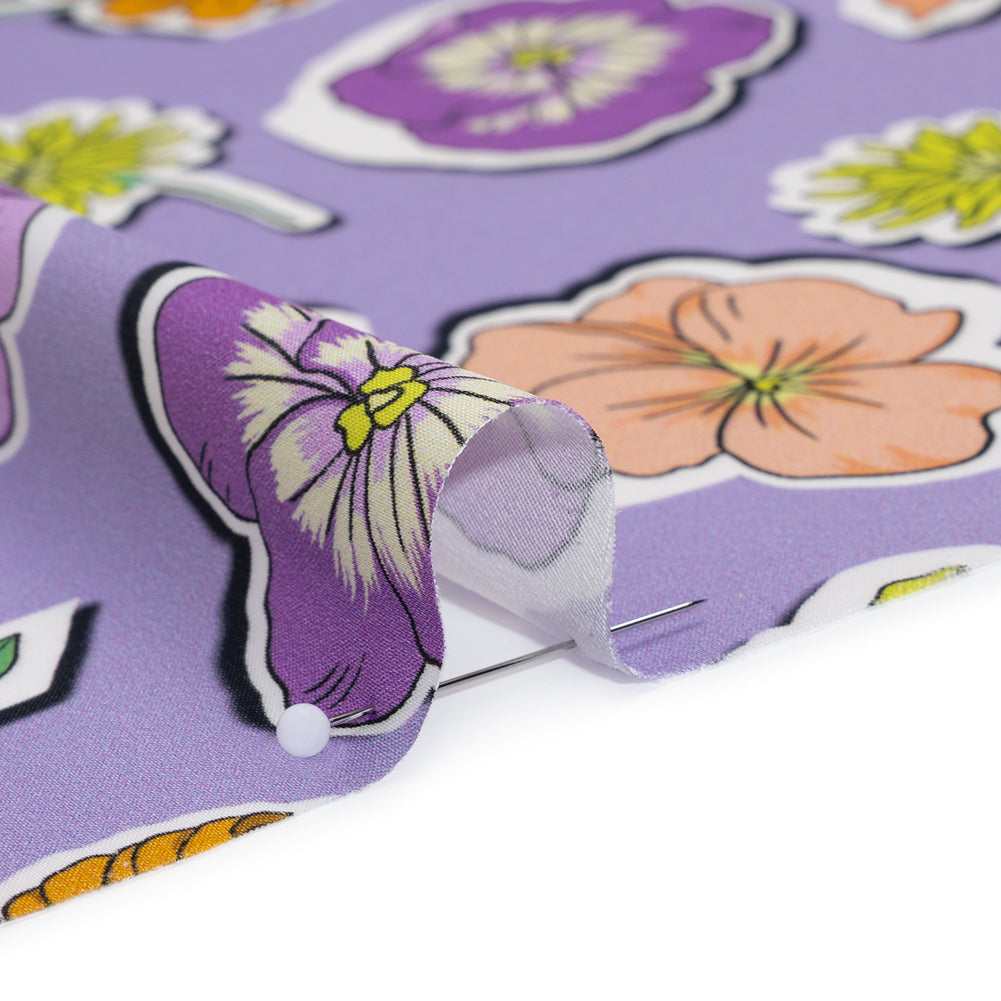 Polyester Satin - Lavender, Lime Green and Orange Little Floral Stickers - Mood Exclusive Sticker Garden Print - Detail Polyester Satin - Lavender, Lime Green and Orange Little Floral Stickers - Mood Exclusive Sticker Garden Print - Detail