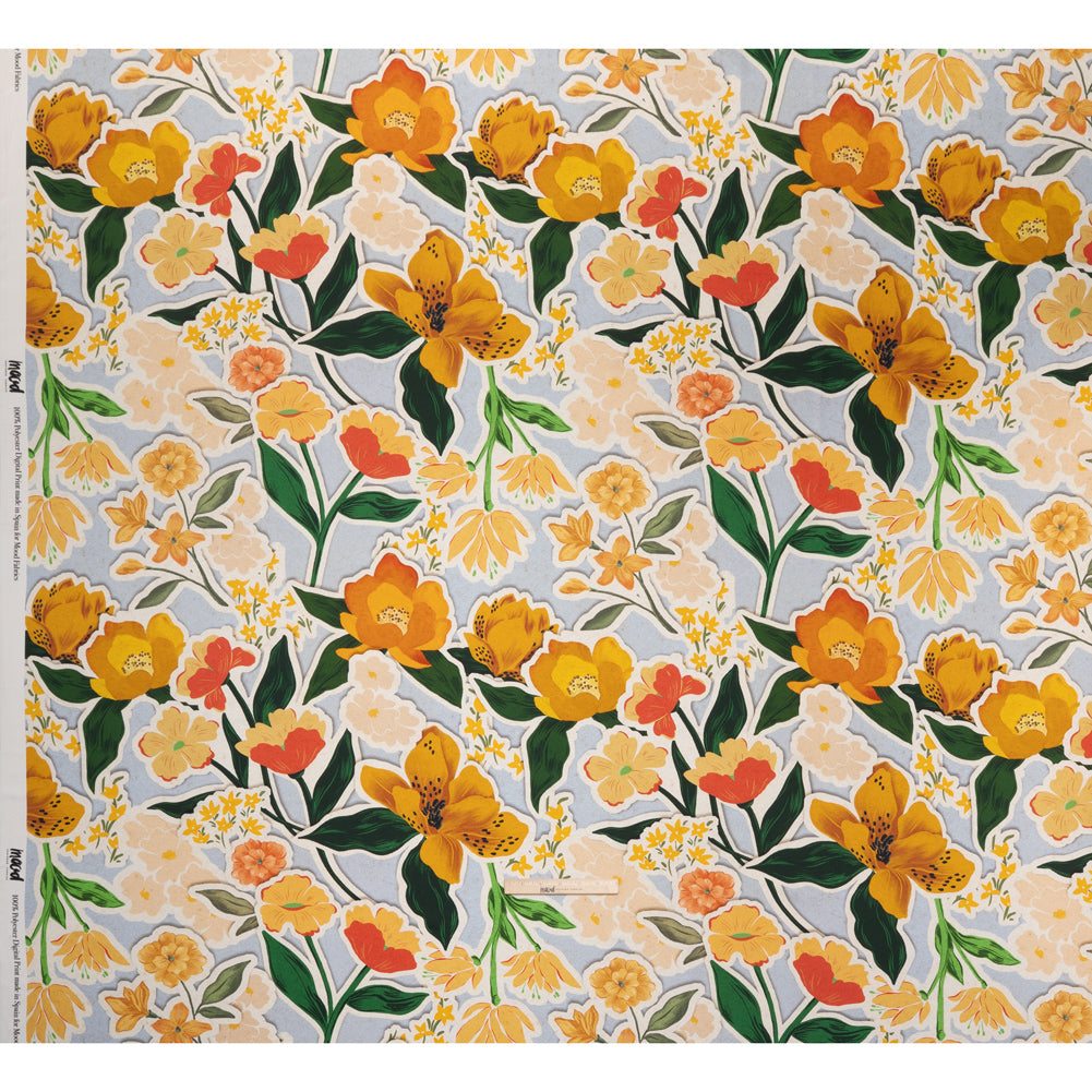 Polyester Satin - Pale Blue, Green and Orange Flowers Collage - Mood Exclusive Clipped Botanicals Print - Full Polyester Satin - Pale Blue, Green and Orange Flowers Collage - Mood Exclusive Clipped Botanicals Print - Full