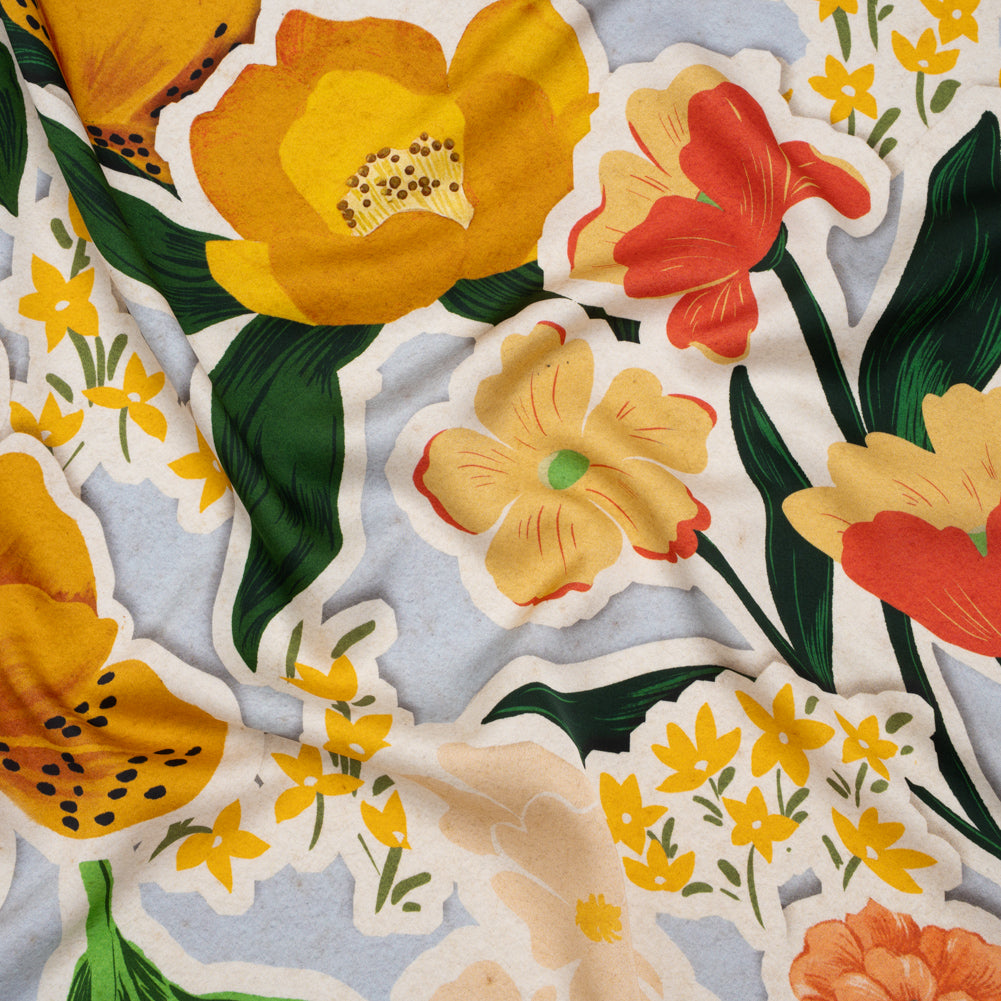 Polyester Satin - Pale Blue, Green and Orange Flowers Collage - Mood Exclusive Clipped Botanicals Print Polyester Satin - Pale Blue, Green and Orange Flowers Collage - Mood Exclusive Clipped Botanicals Print