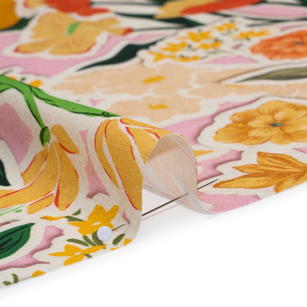 Polyester Satin - Pink, Green and Orange Flowers Collage - Mood Exclusive Clipped Botanicals Print Detail Polyester Satin - Pink, Green and Orange Flowers Collage - Mood Exclusive Clipped Botanicals Print Detail
