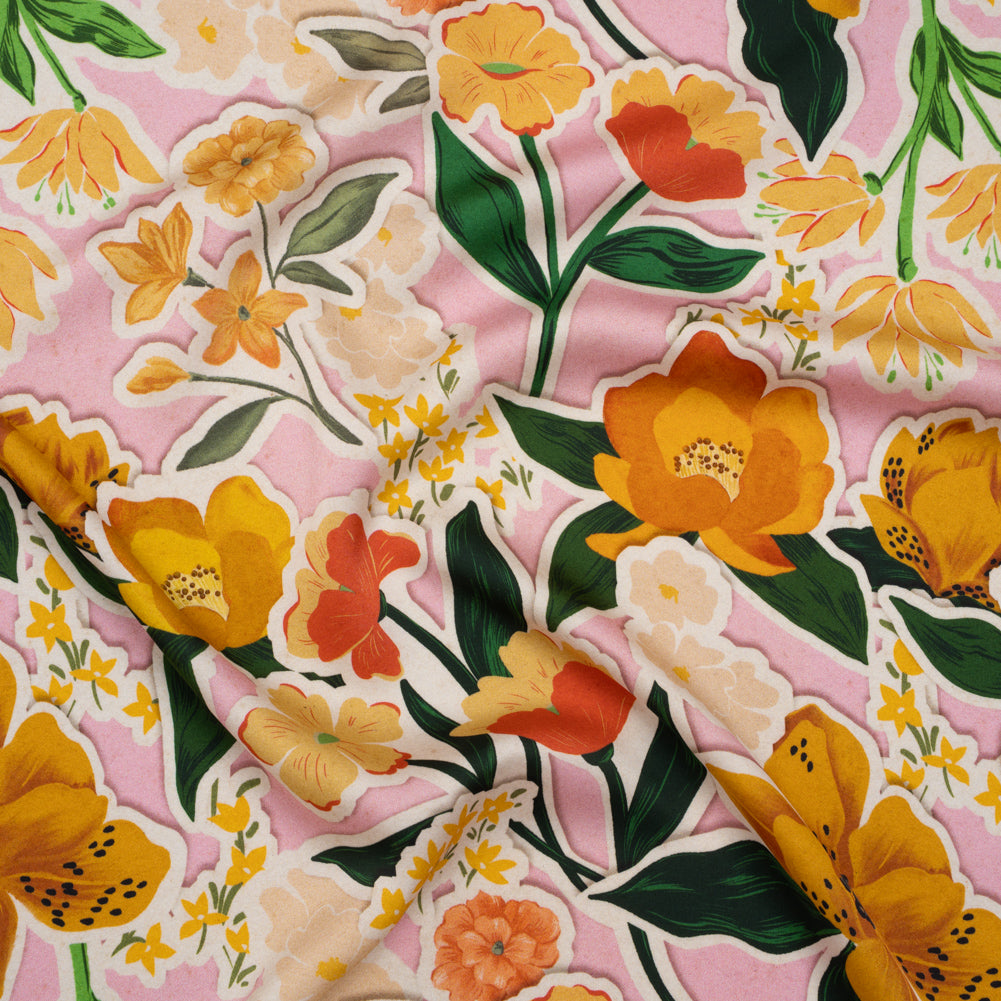 Polyester Satin - Pink, Green and Orange Flowers Collage - Mood Exclusive Clipped Botanicals Print Polyester Satin - Pink, Green and Orange Flowers Collage - Mood Exclusive Clipped Botanicals Print