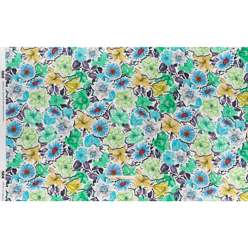 Polyester Satin - Green, Blue and Purple Overlapping Flower Cutouts - Mood Exclusive Layered Whimsy Print Full Polyester Satin - Green, Blue and Purple Overlapping Flower Cutouts - Mood Exclusive Layered Whimsy Print Full