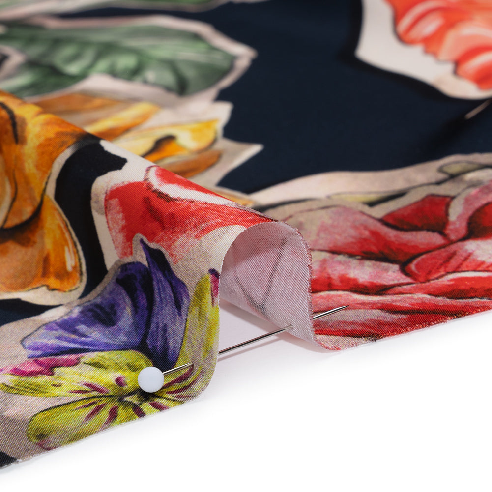 Polyester Satin - Golden Orange, Red and Green Illustrated Flower Collage - Mood Exclusive Floral Montage Print - Detail Polyester Satin - Golden Orange, Red and Green Illustrated Flower Collage - Mood Exclusive Floral Montage Print - Detail