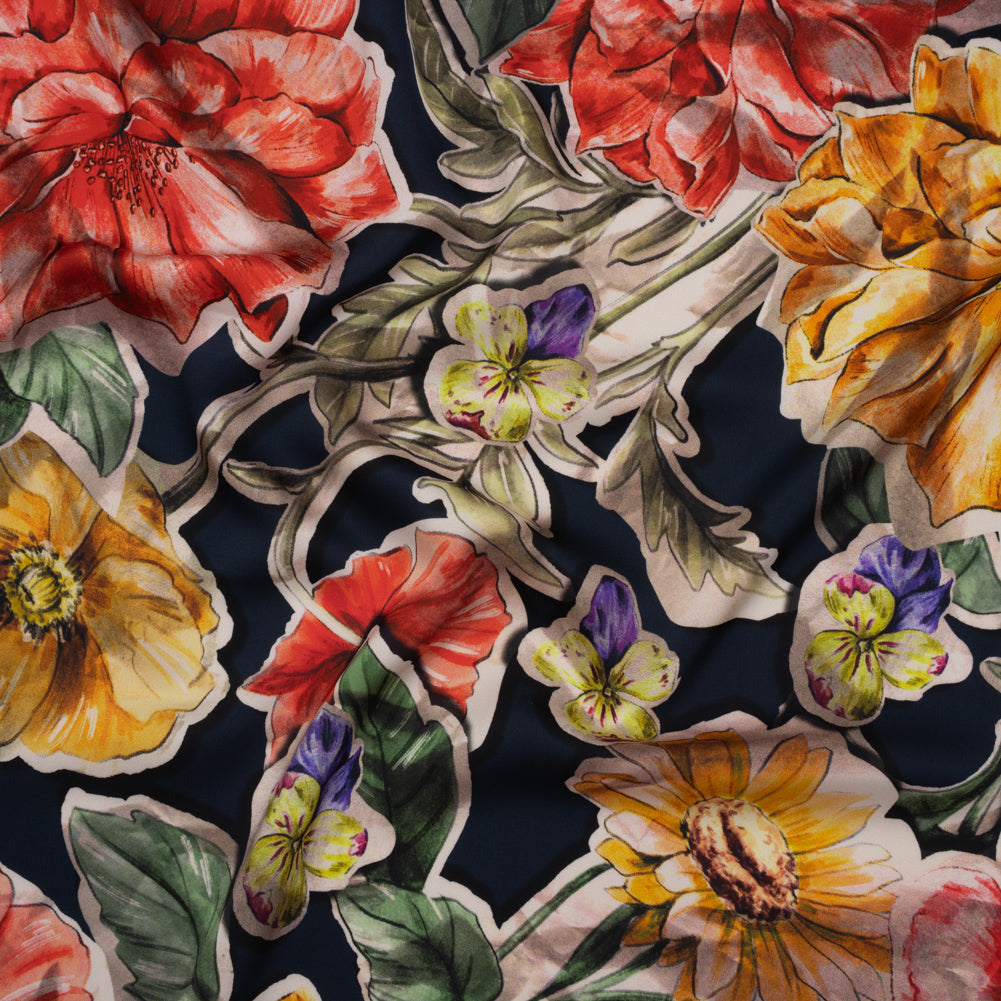Polyester Satin - Golden Orange, Red and Green Illustrated Flower Collage - Mood Exclusive Floral Montage Print Polyester Satin - Golden Orange, Red and Green Illustrated Flower Collage - Mood Exclusive Floral Montage Print